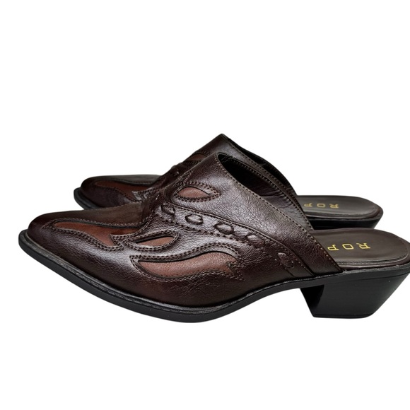 Roper Brown Tooled Leather Western Flame Mules Clogs Pointed Toe Heels Size 10 - Picture 10 of 10